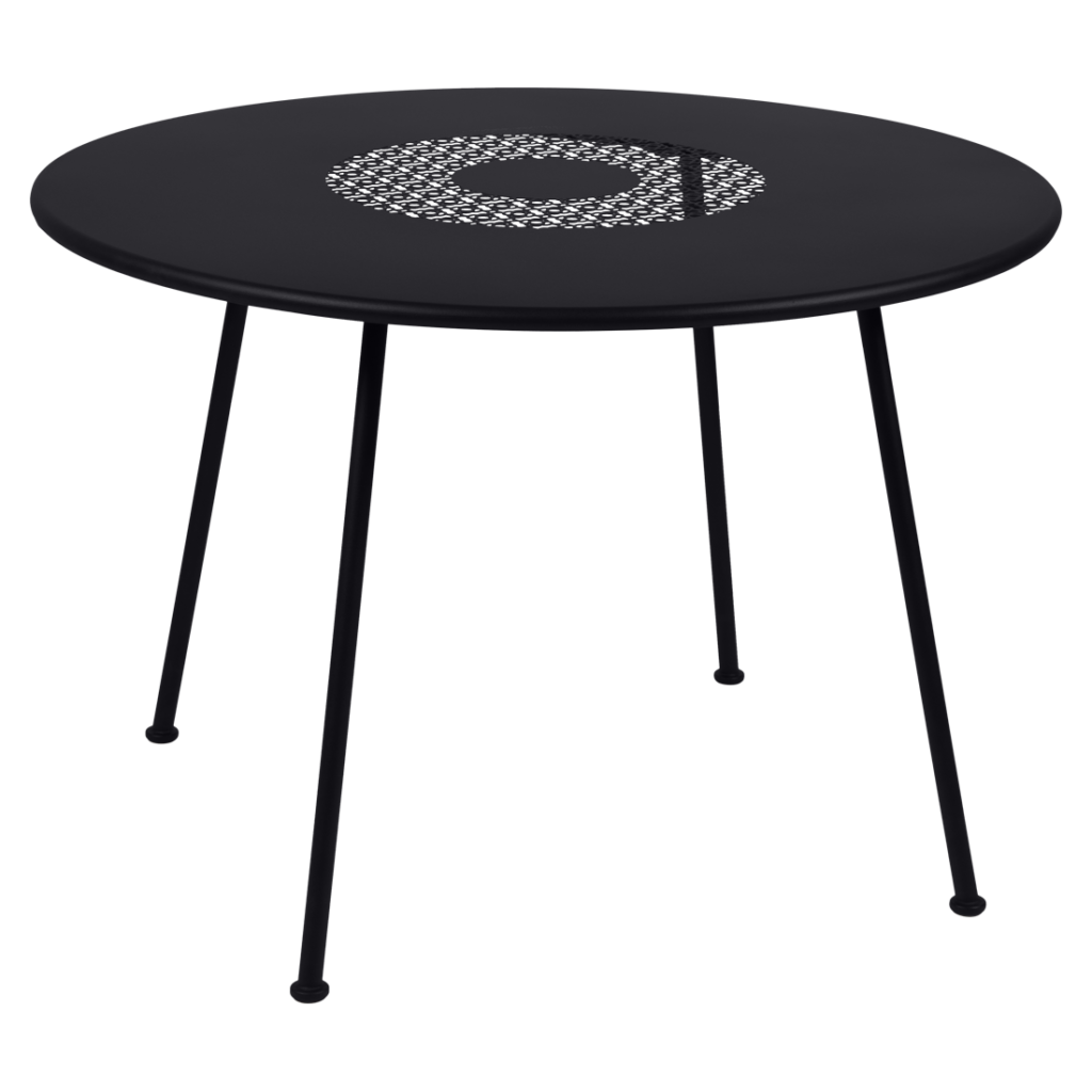Une table d'extérieur avec des pieds noirs et un plateau rond.