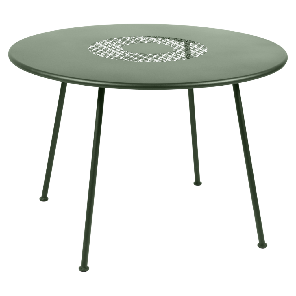 Une table ronde verte avec des pieds en métal.

Mots clés : table ronde, diam 110 cm.