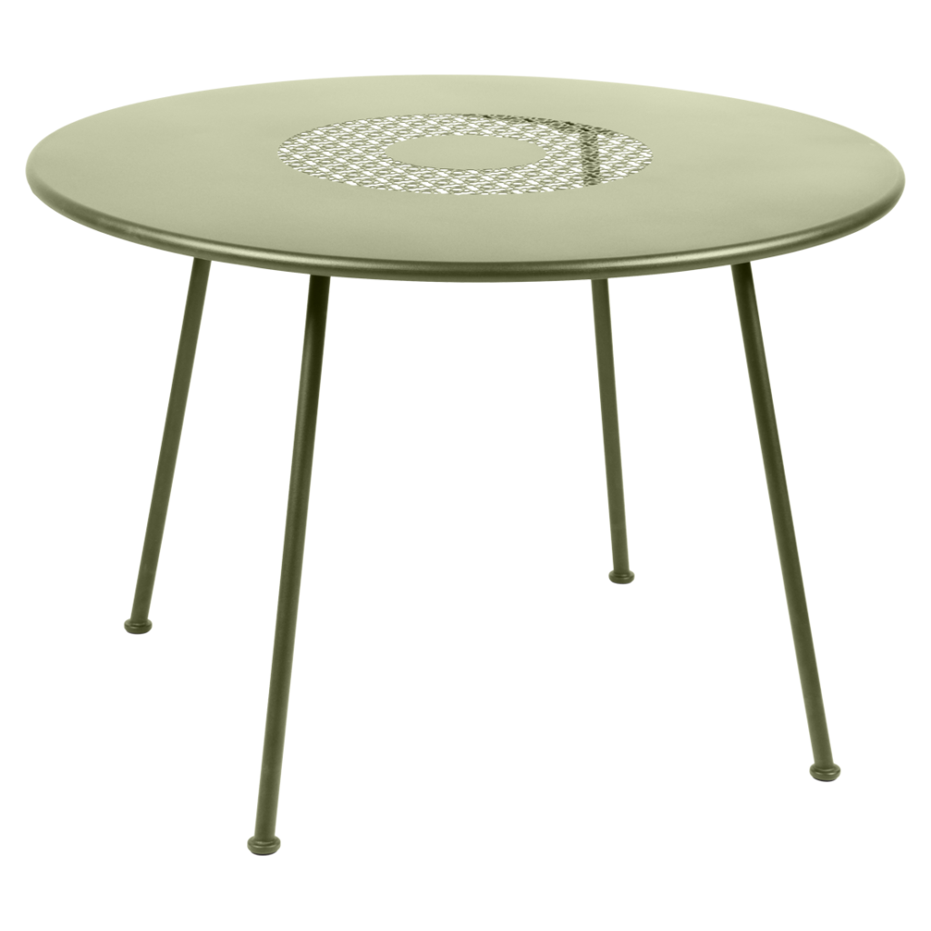 Une table ronde avec pieds en métal vert olive, mesurant 110 cm de diamètre.