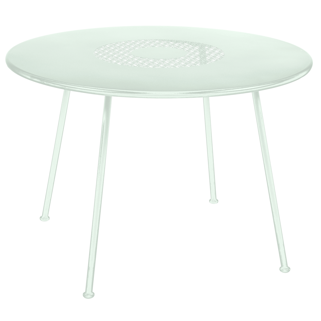 Une table ronde blanche avec des pieds sur fond blanc. Le diamètre 110 cm, Table ronde.