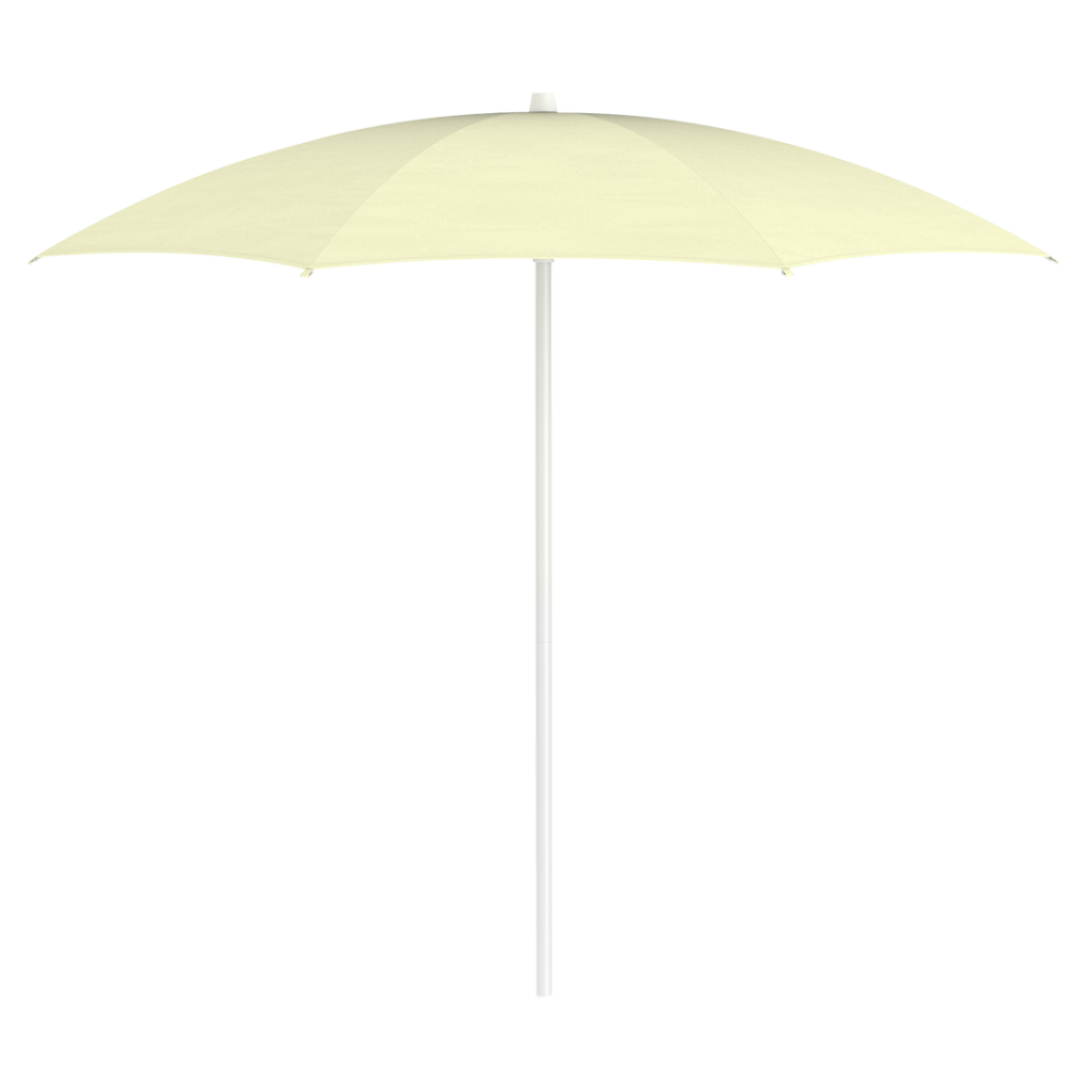 Un Parasol Shadoo beige, vu du dessus, est partiellement ouvert sur un fond blanc uni.