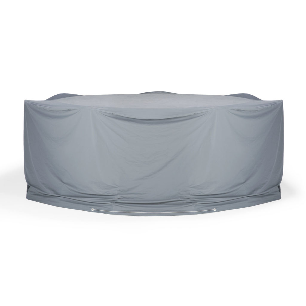 Une Housse imperméable pour repose-pieds Jack gris imperméable pour une table ronde sur fond blanc.