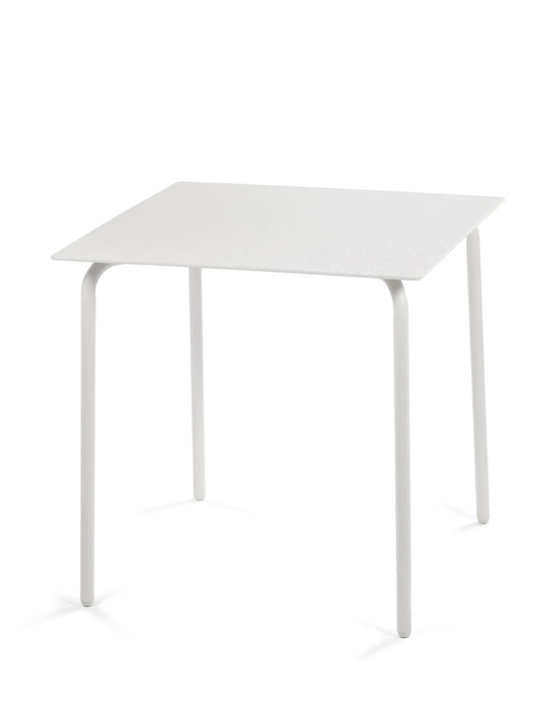 Une table carrée blanche avec une base blanche.