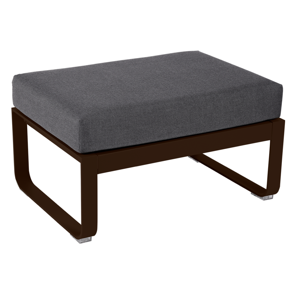 Un pouf gris avec une base en bois.