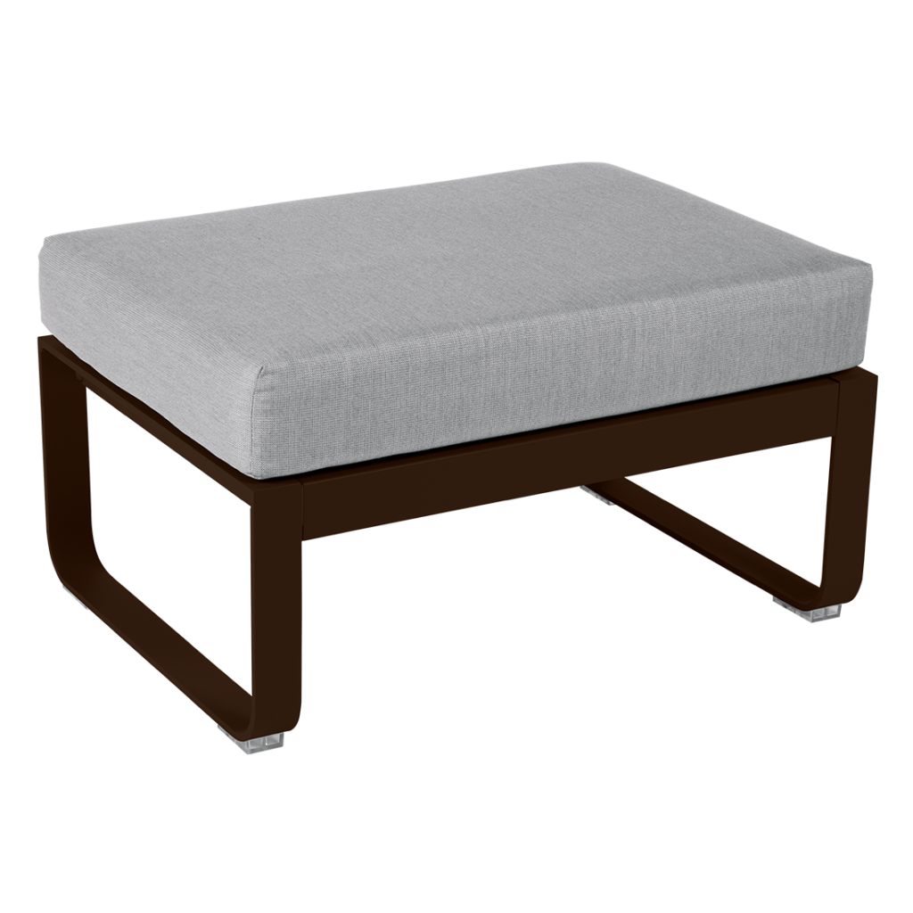 Un pouf gris et marron avec un cadre en bois.