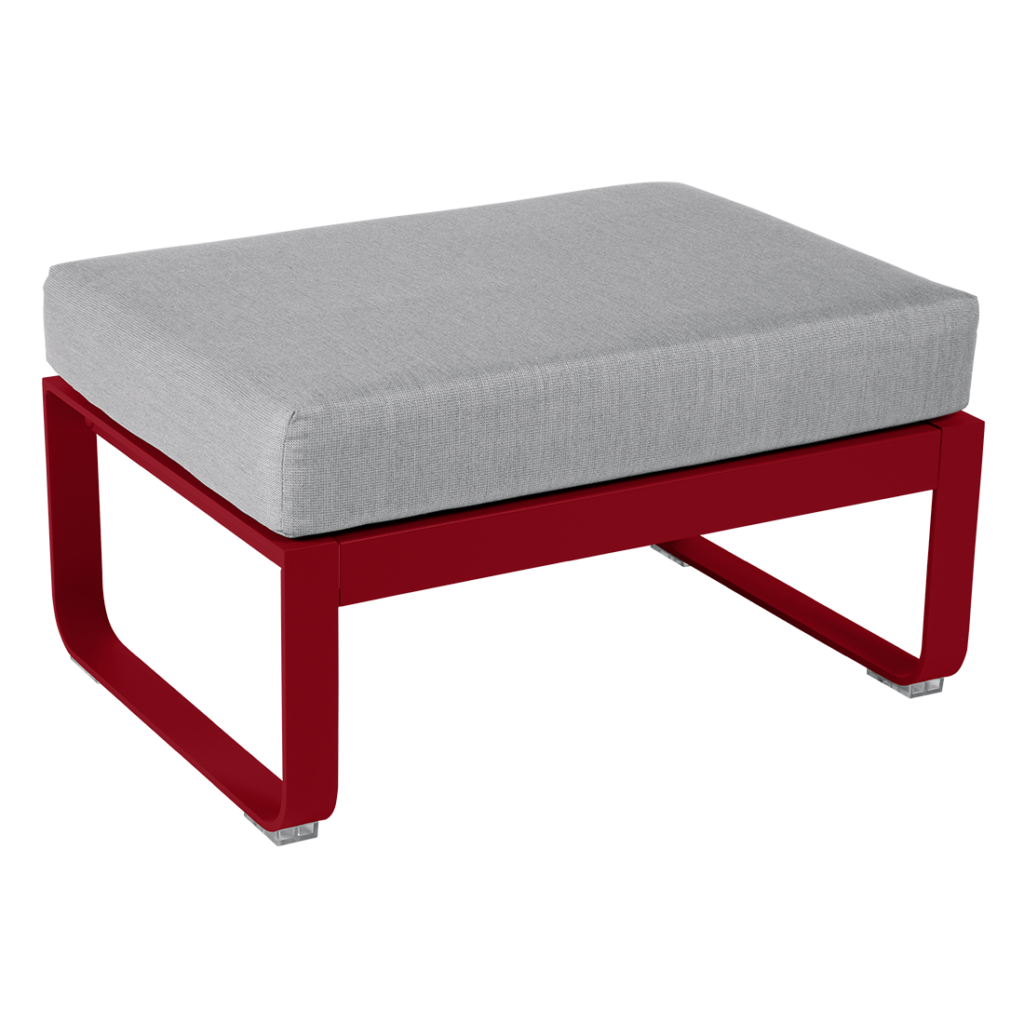 Un pouf rouge et gris avec un coussin gris.