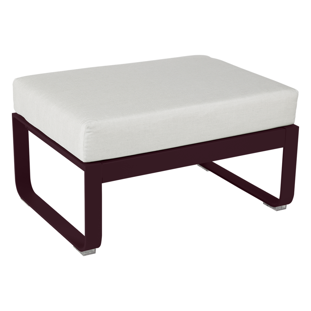 Un pouf blanc et beige avec une structure en bois.