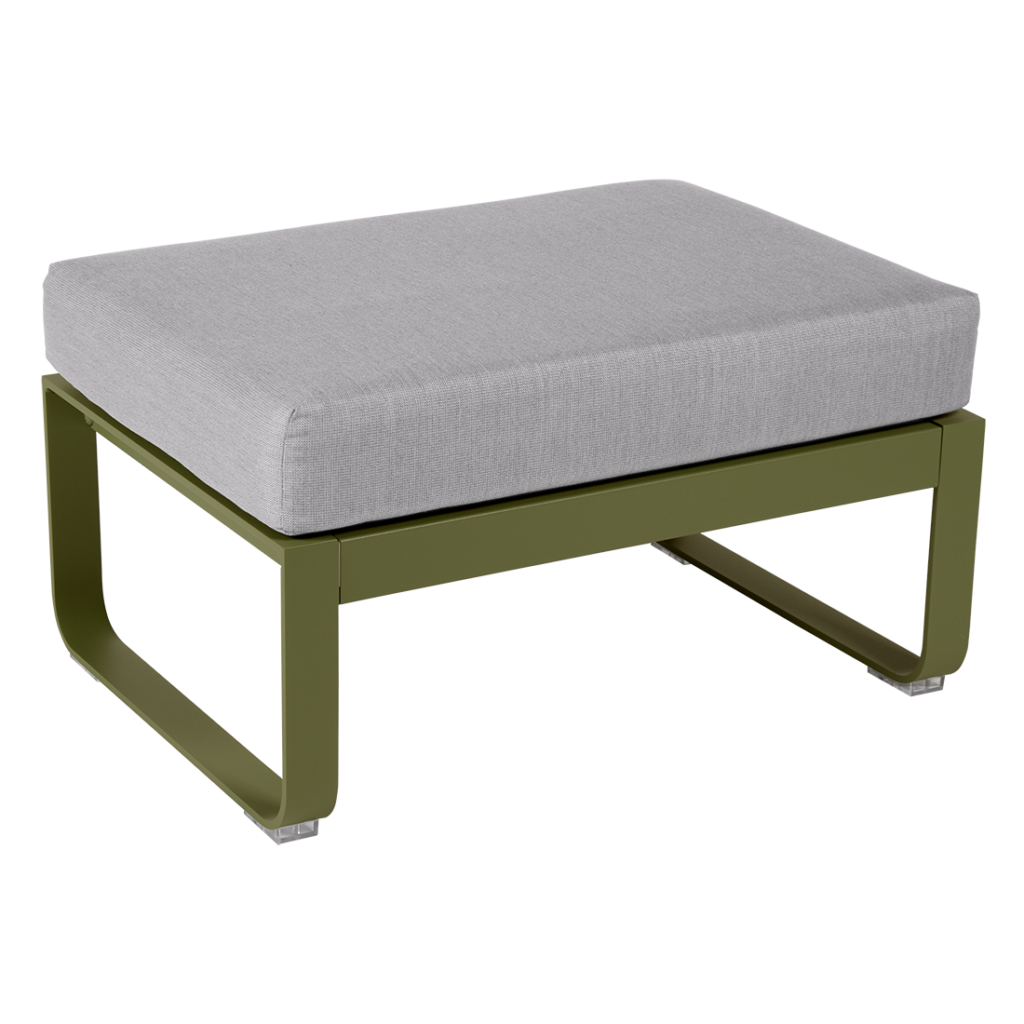 Pouf Bellevie moderne avec un coussin gris sur une base en métal vert.