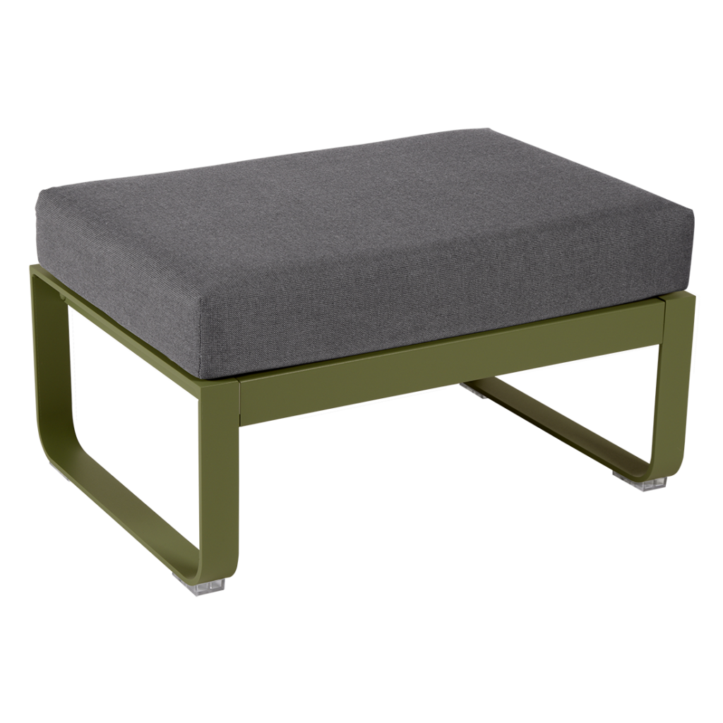 Un pouf d'intérieur Bellevie moderne à cadre en métal vert olive avec un dessus de coussin gris.