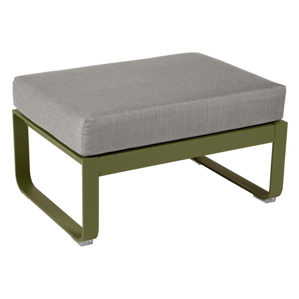 Un pouf Vitra moderne avec un coussin gris sur le dessus et une élégante base en métal vert olive, isolé sur un fond transparent.