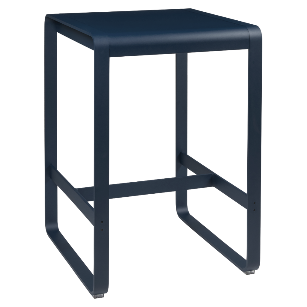Un tabouret de bar en métal bleu avec une assise noire et une table haute en opaline vert.