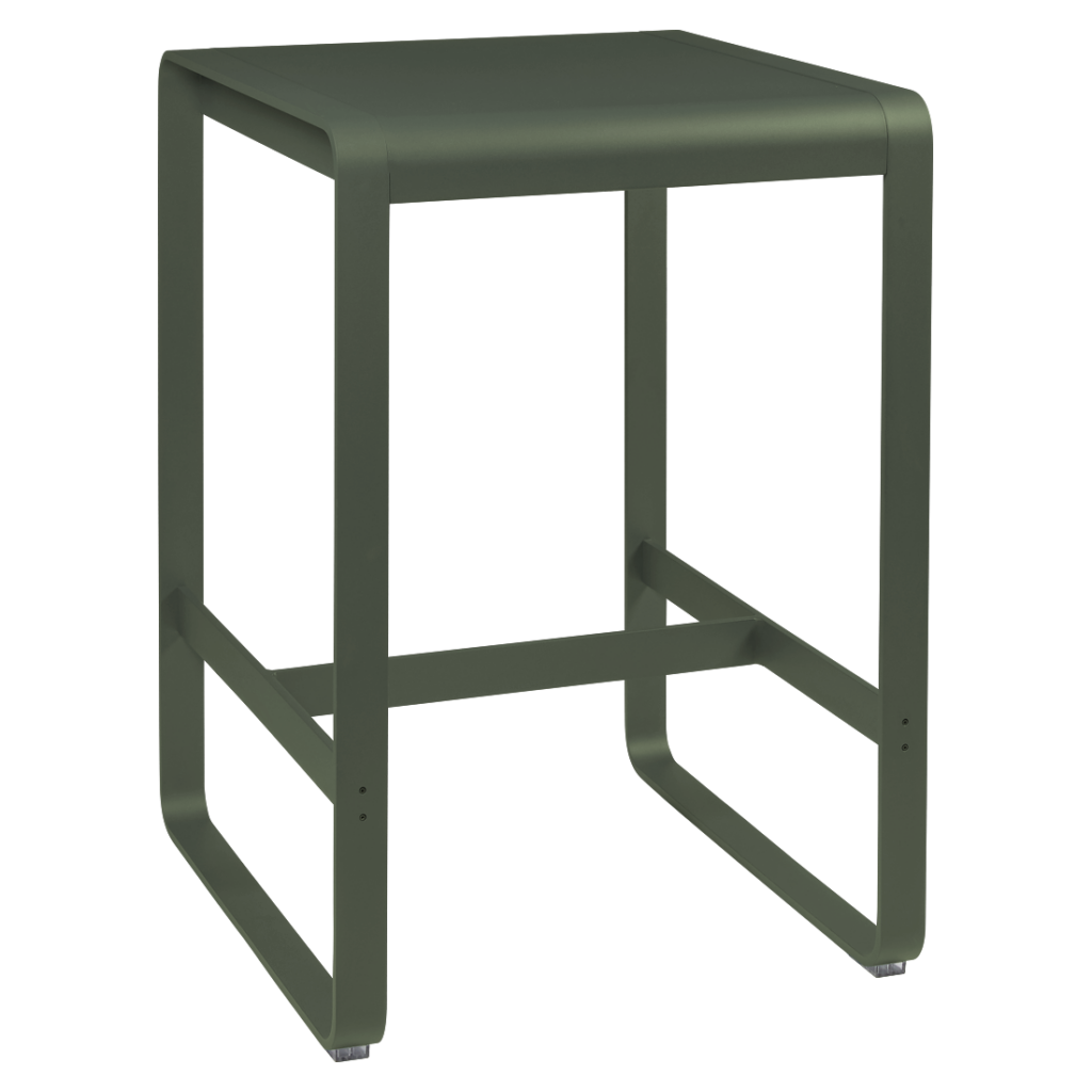 Un tabouret en métal vert avec une structure en métal, parfait comme table haute ou comme complément Bellevie.