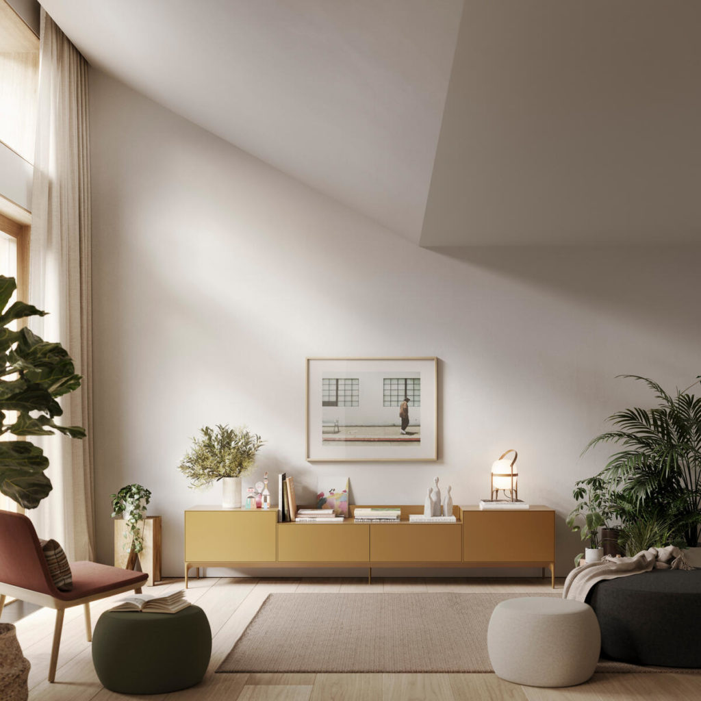 Un salon avec des murs blancs et un canapé jaune, doté d'un élégant Meuble TV Lauki laqué.