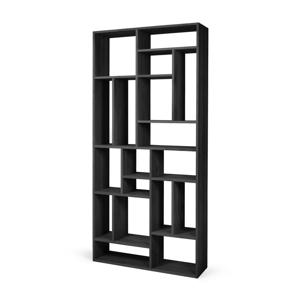Une Etagère Rack S noire en chêne noir avec plusieurs étagères.