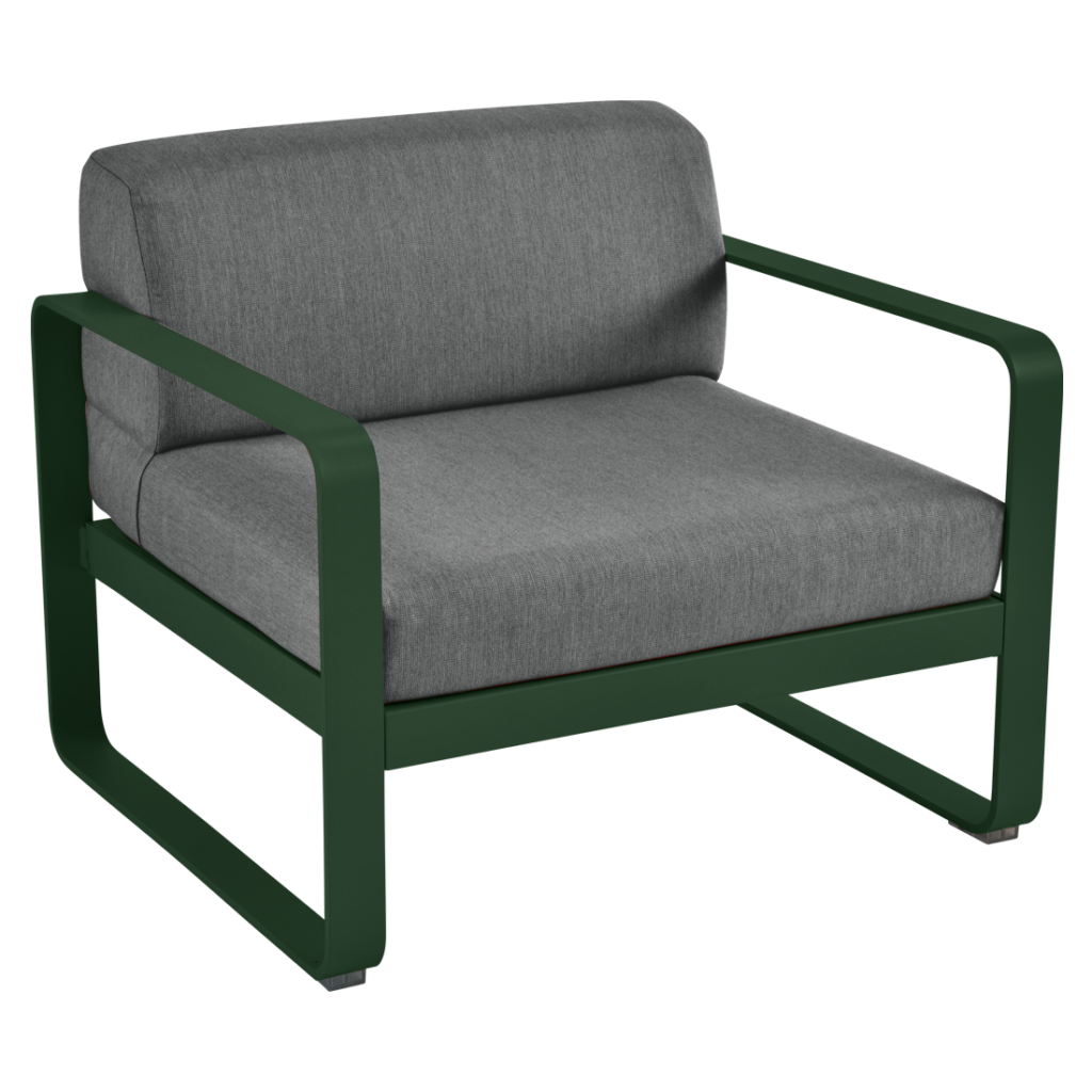 Une chaise longue d'extérieur en vert et gris.
