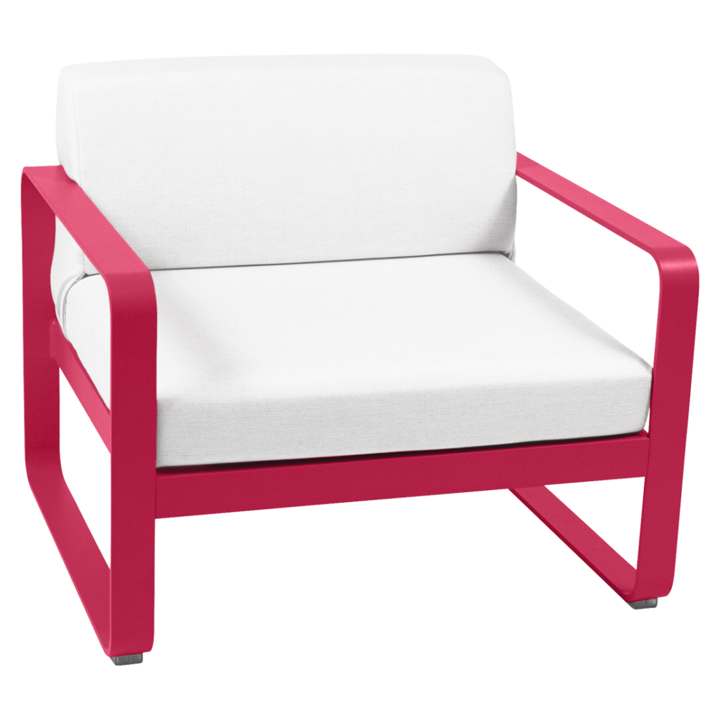 Une chaise longue rose et blanche avec un coussin blanc.