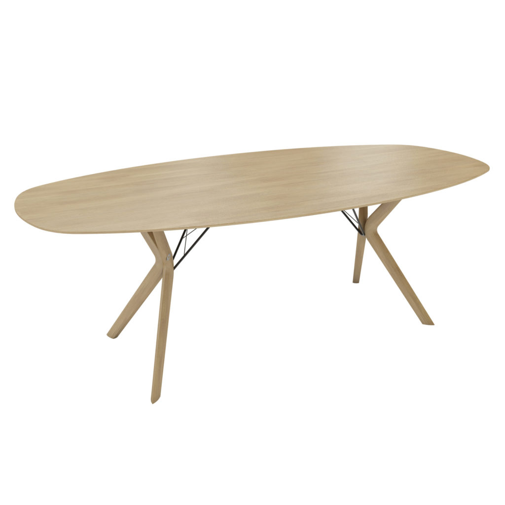 Une table à manger elliptique Eclipse avec des pieds en bois.