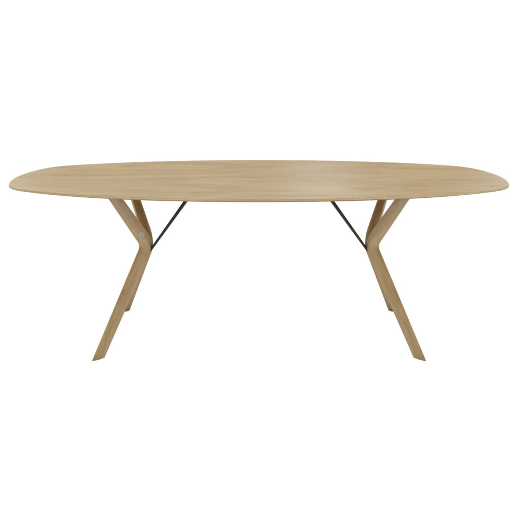 Une table Eclipse ovale avec un socle en bois, ressemblant à une éclipse.