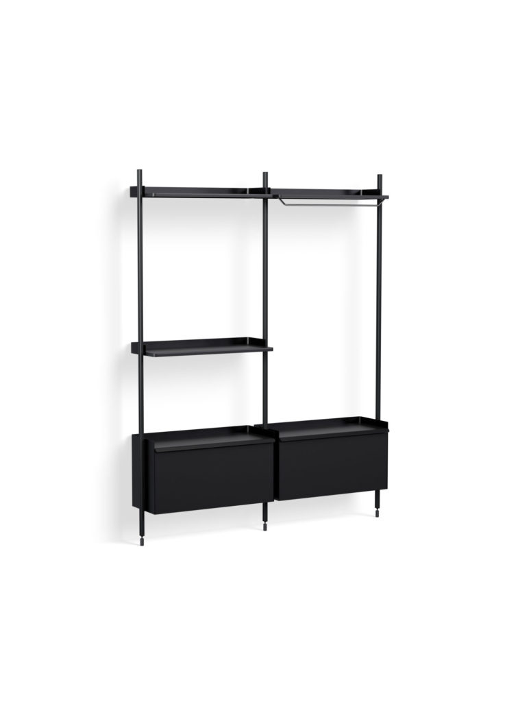 Un Dressing noir modulable Pier System 1072 avec deux étagères et deux tiroirs.