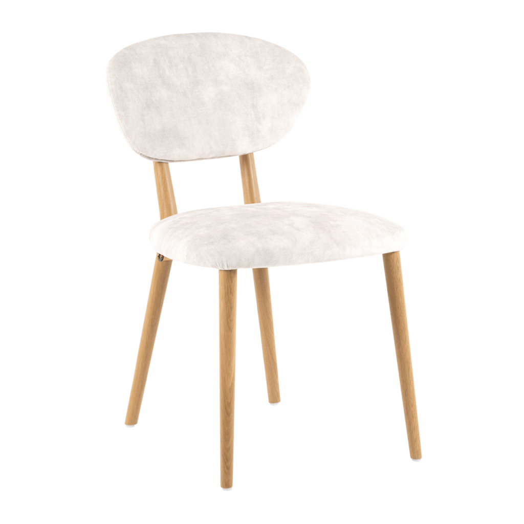 Une chaise de salle à manger blanche avec des pieds en bois et une Chaise Toro.