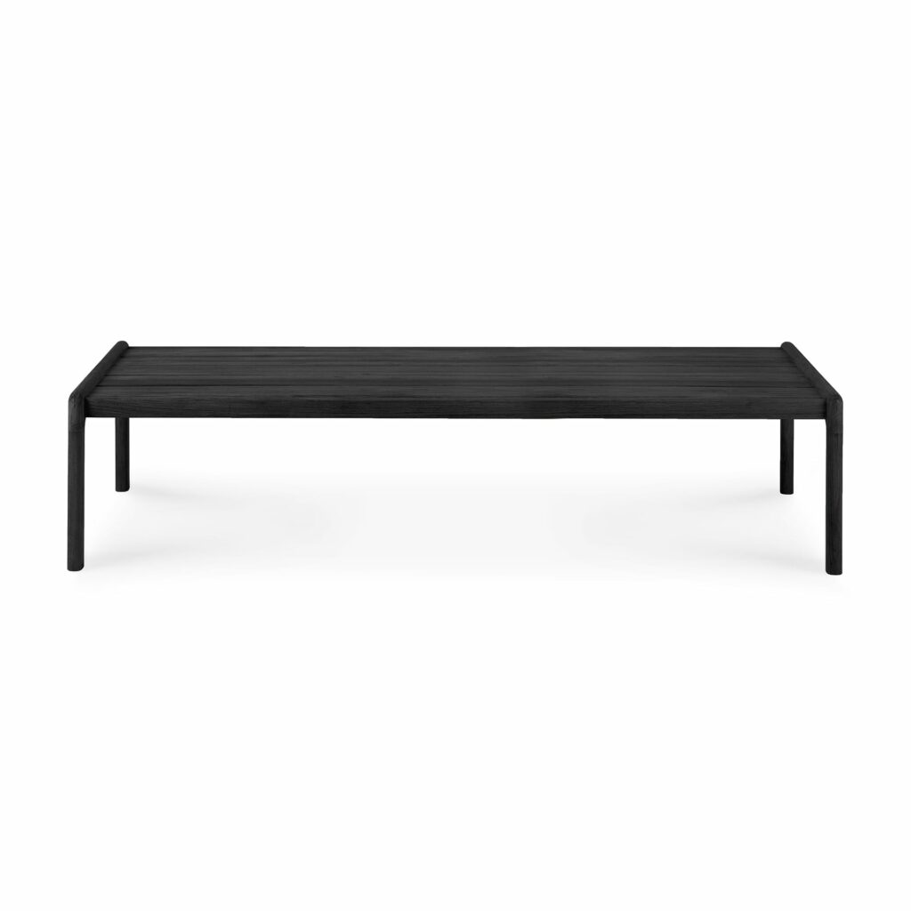 Une table basse noire sur fond blanc.