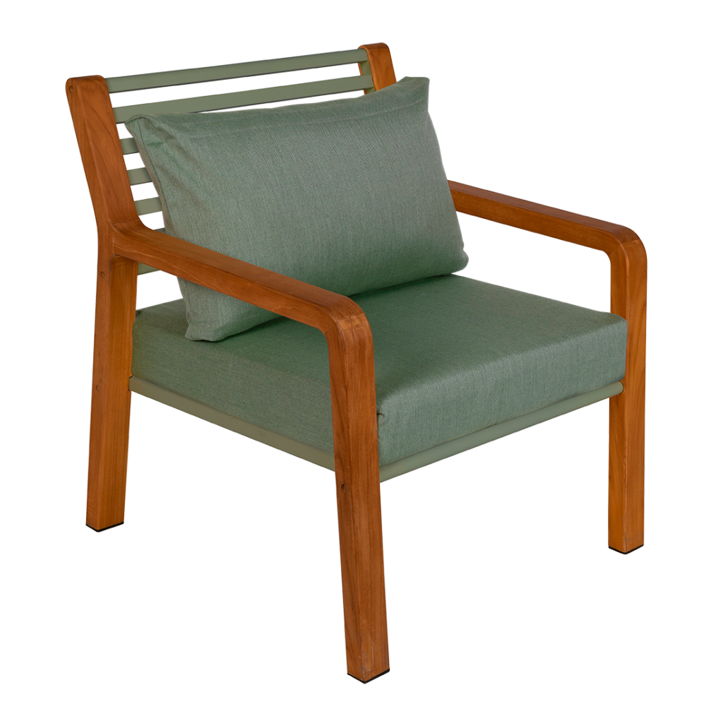 Une chaise Somerset moderne avec un cadre en bois et un revêtement vert, comprenant un coussin et un petit oreiller.