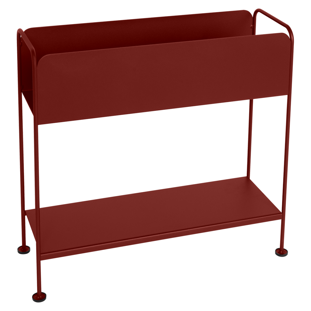 Une étagère en métal rouge sur fond blanc présentant un cache-pot et des plantes Picolino.