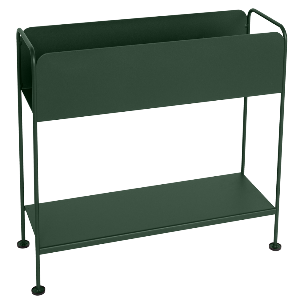 Un support pour plantes en métal vert avec deux étagères, parfait pour exposer vos plantes muscade et picolino préférées.