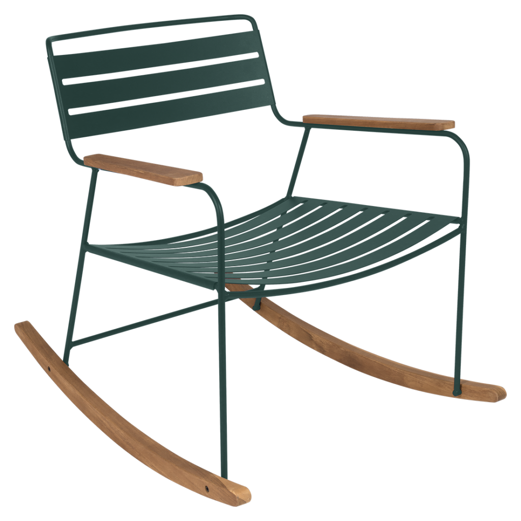 Un surprenant rocking chair vert avec une structure en bois.