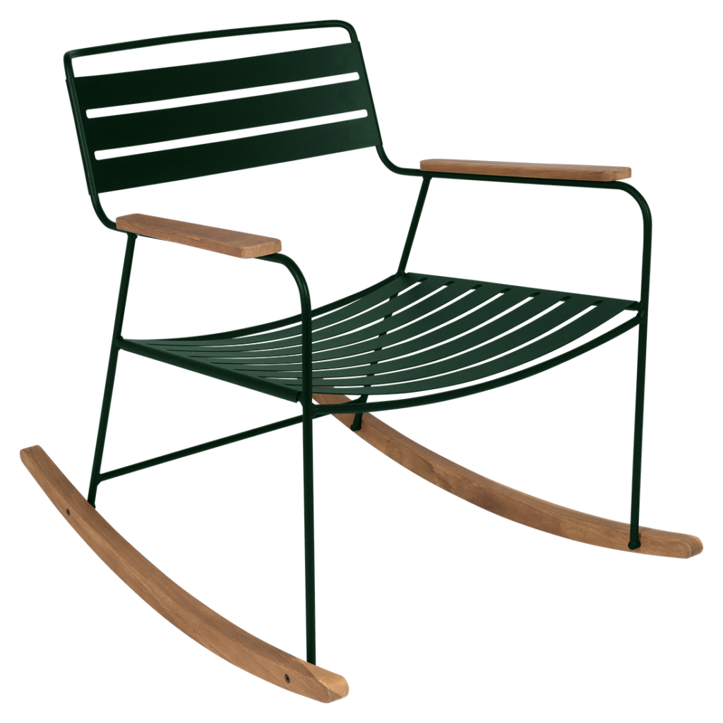 Un surprenant rocking chair vert avec une structure en bois.