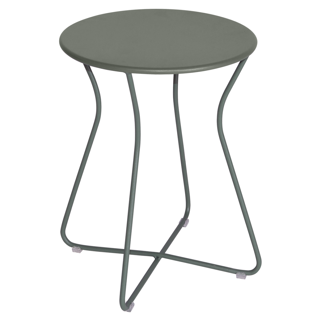 Une table Tabouret Cocotte ronde en métal avec un piètement gris.