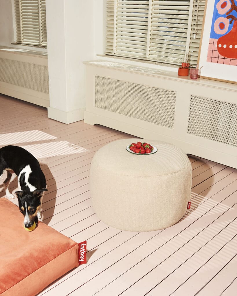 Un chien Pouf Point Large Sherpa se tient debout sur un sol blanc dans une pièce.