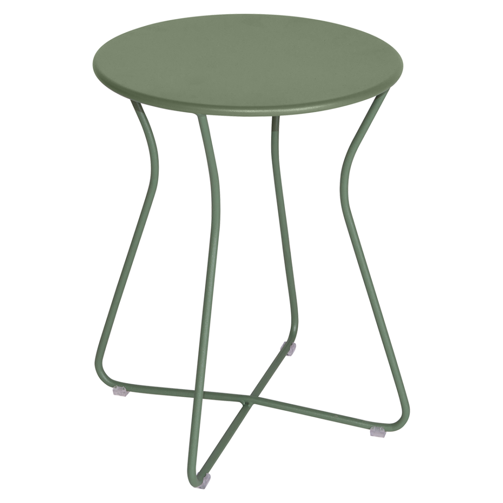 Un Tabouret Cocotte en métal vert avec une base en métal.