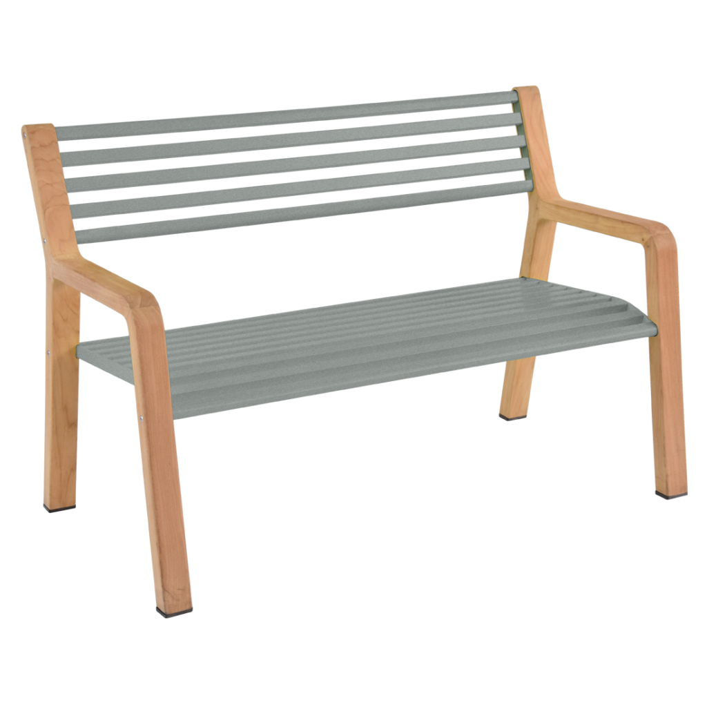 Un banc Somerset avec une structure en bois et des lattes grises Gris Lapilli.