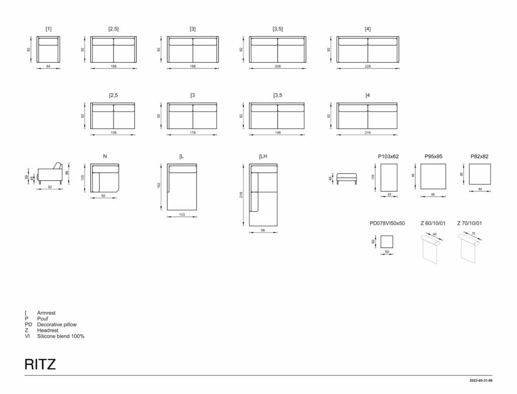 Un schéma montrant les dimensions d'une cuisine Canapé Ritz.