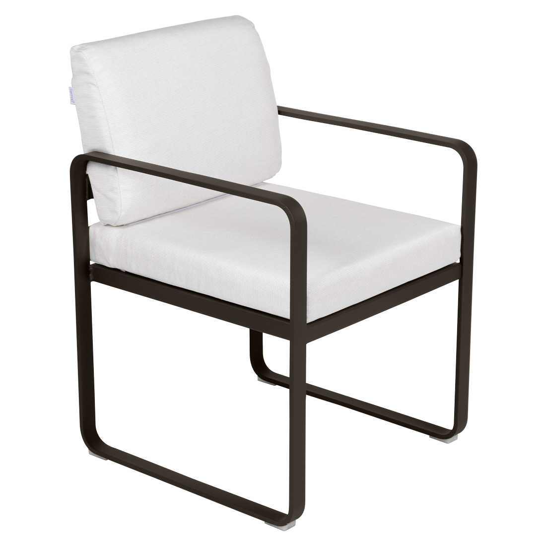 Le Fauteuil de repas Bellevie présente une structure élégante en métal noir avec un siège et un dossier à coussin blanc, posés sur un fond clair accentué par une bordure turquoise.