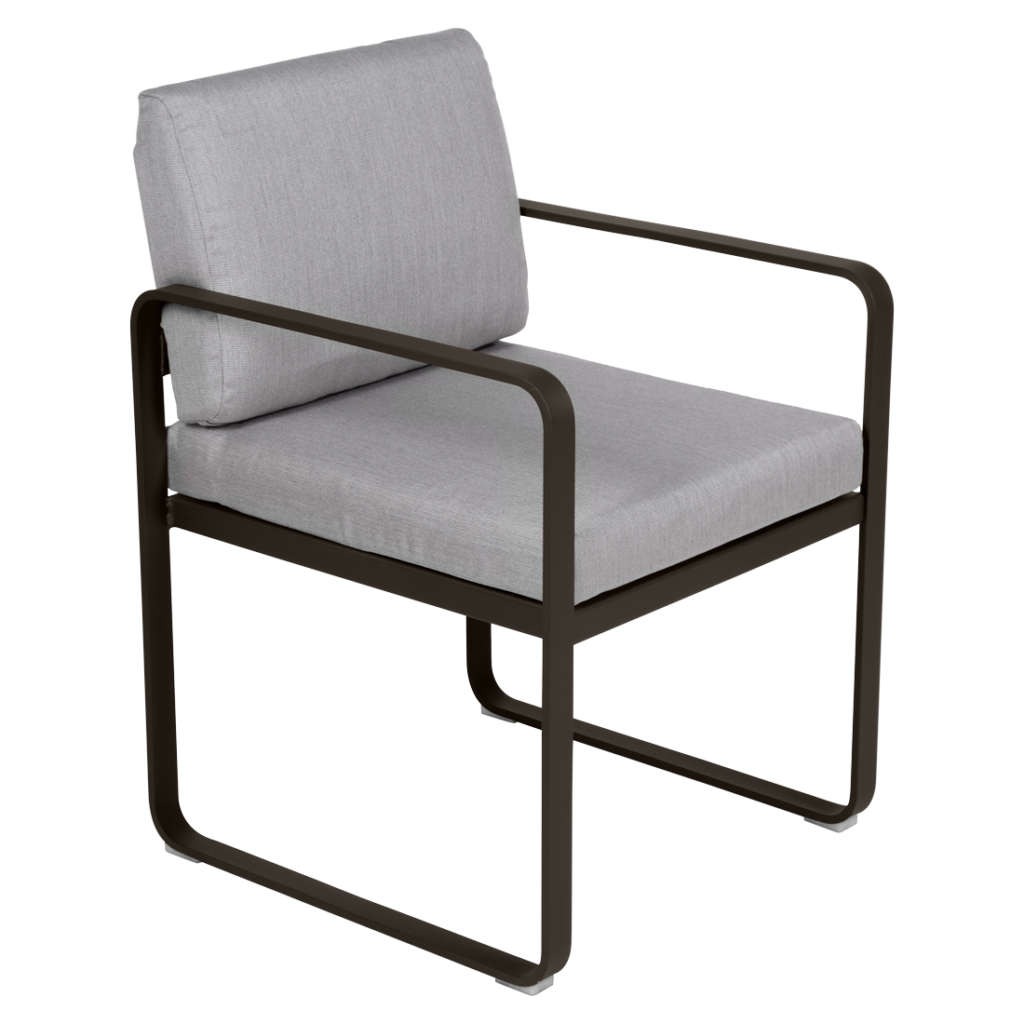Le Fauteuil de repas Bellevie présente une structure en métal noir avec une assise et un dossier rembourrés gris clair, représentés sur un fond clair avec un accent vert menthe sur le bord gauche.