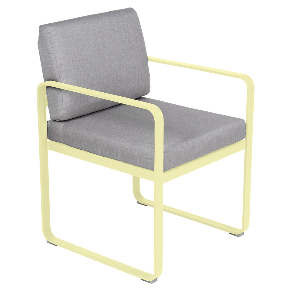 Un Fauteuil de repas Bellevie avec un coussin gris et une structure jaune.