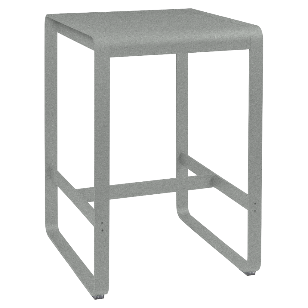 Un tabouret en métal gris avec un fond blanc.