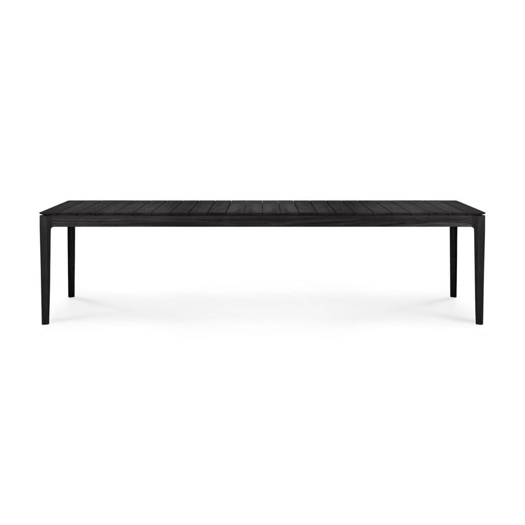 Une table à manger noire sur fond blanc.