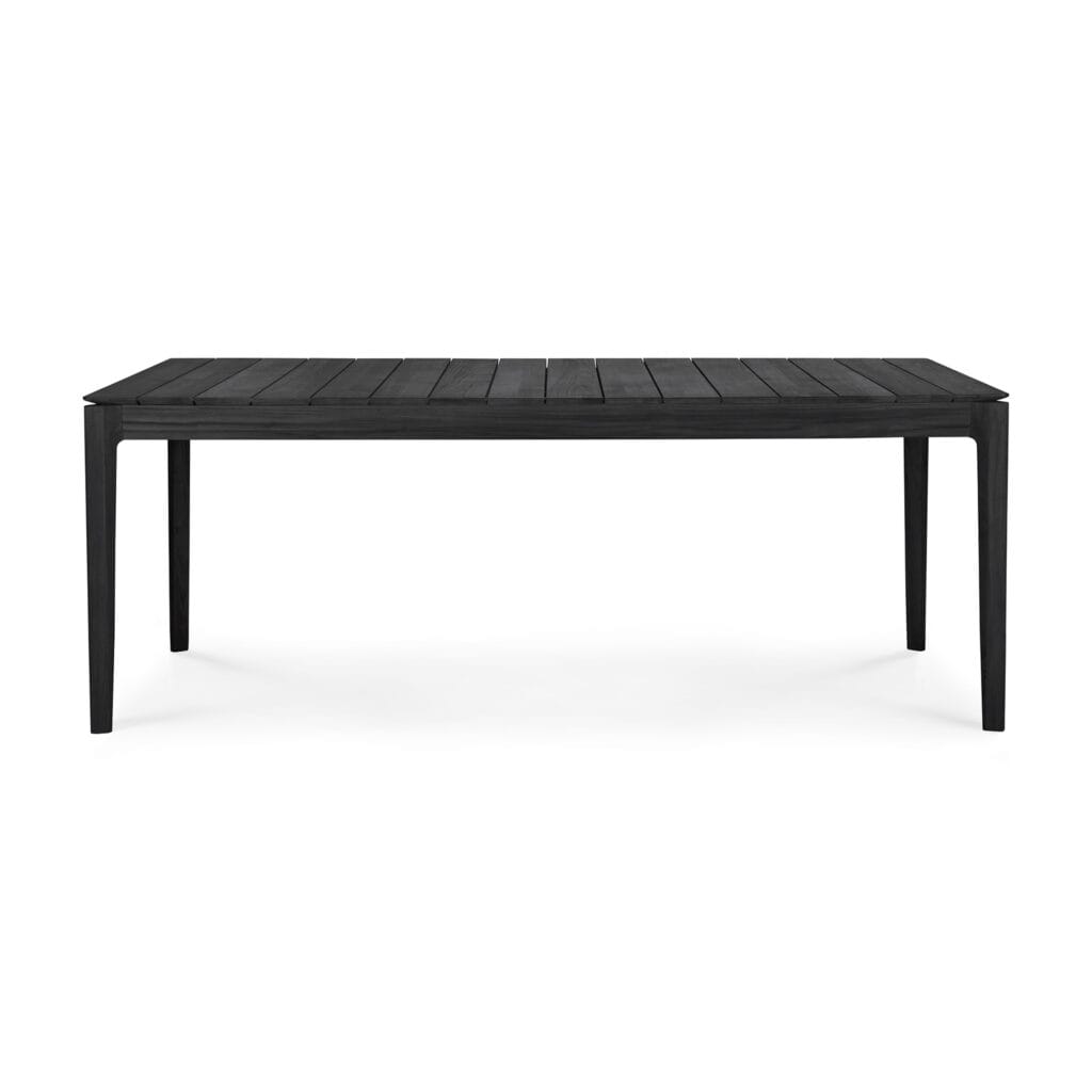 Une table à manger noire sur fond blanc.