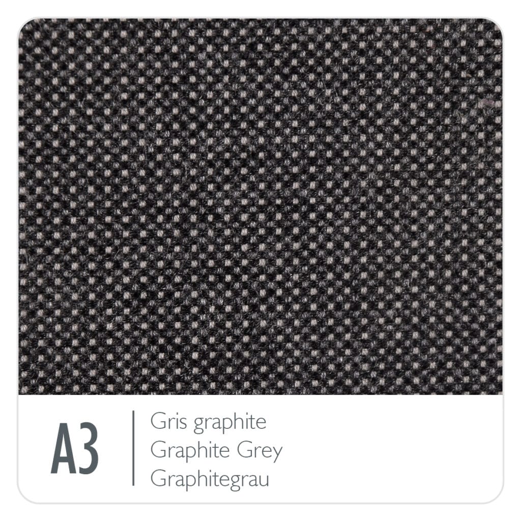 Un tissu gris avec la mention a3 gris graphite sur un coussin banquet Bellevie.