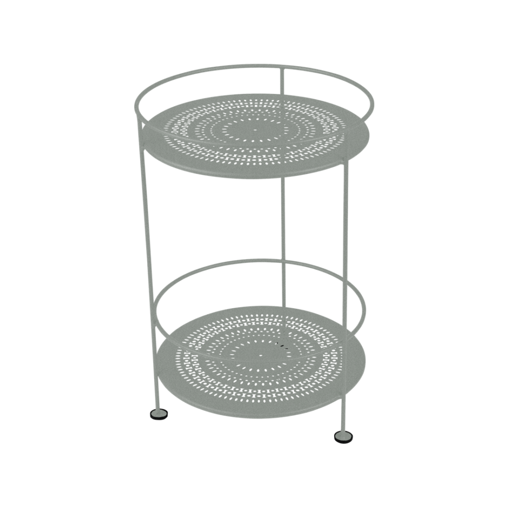 Un chariot de service en métal Gris Lapilli à deux niveaux.