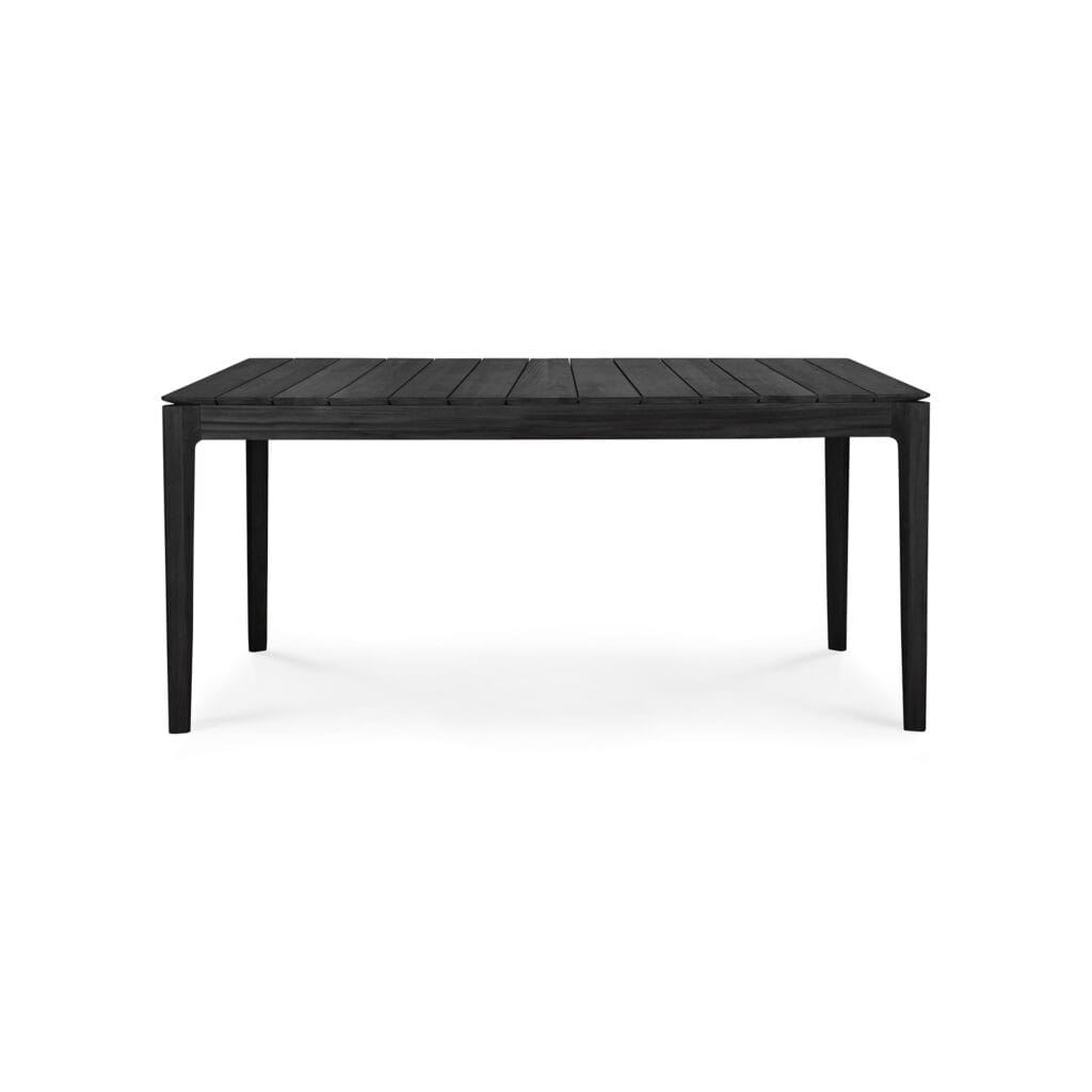 Une table à manger noire sur fond blanc.