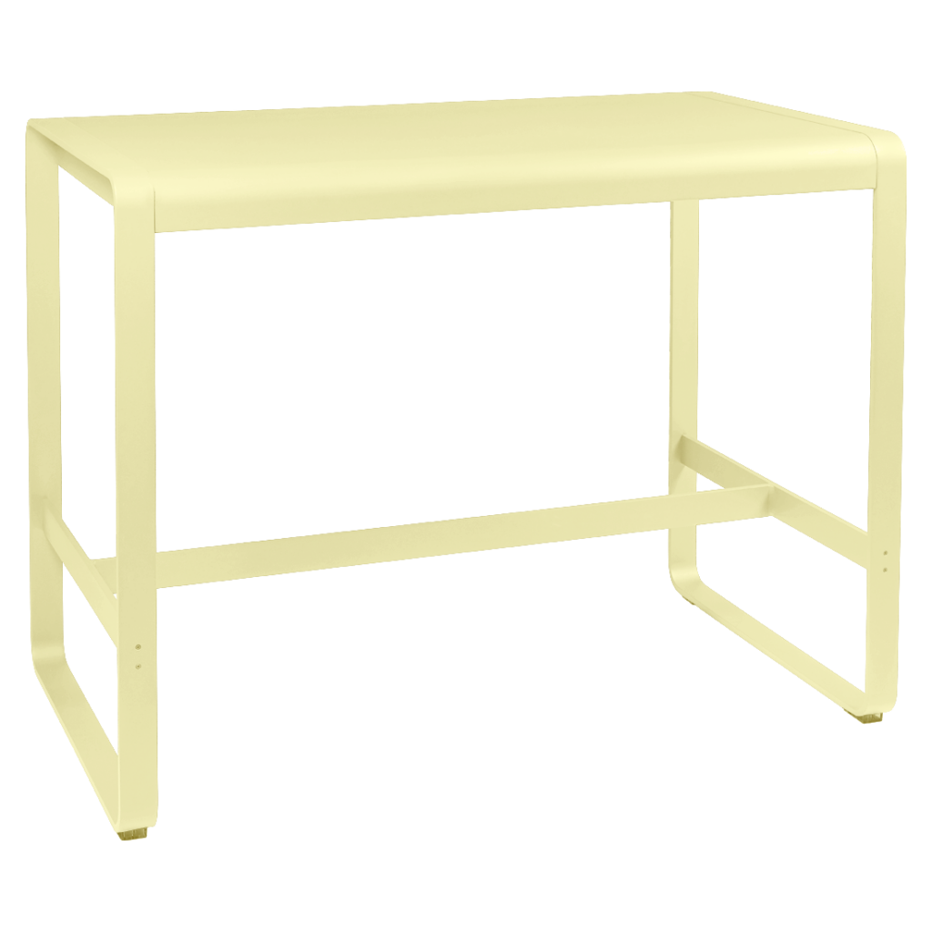 Une table en métal jaune sur fond blanc.