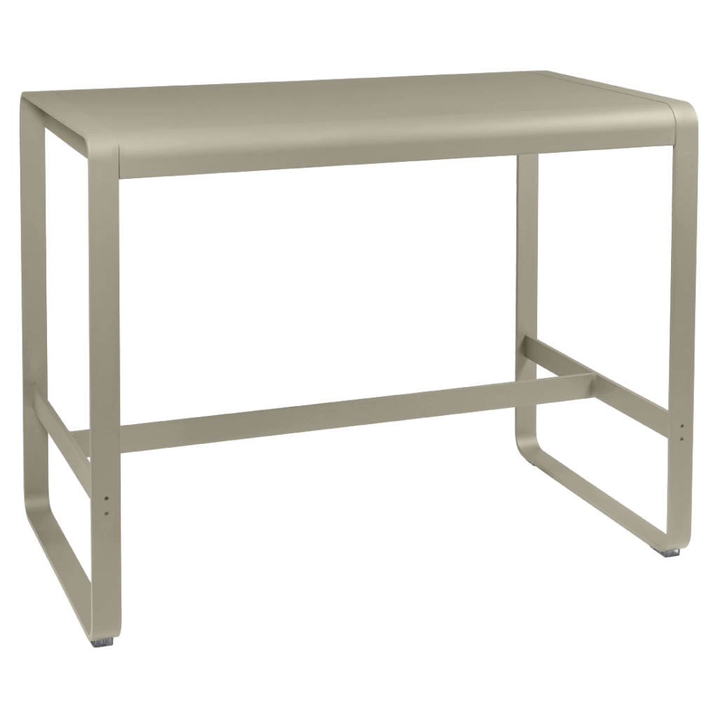Une table de travail beige avec une structure en métal.