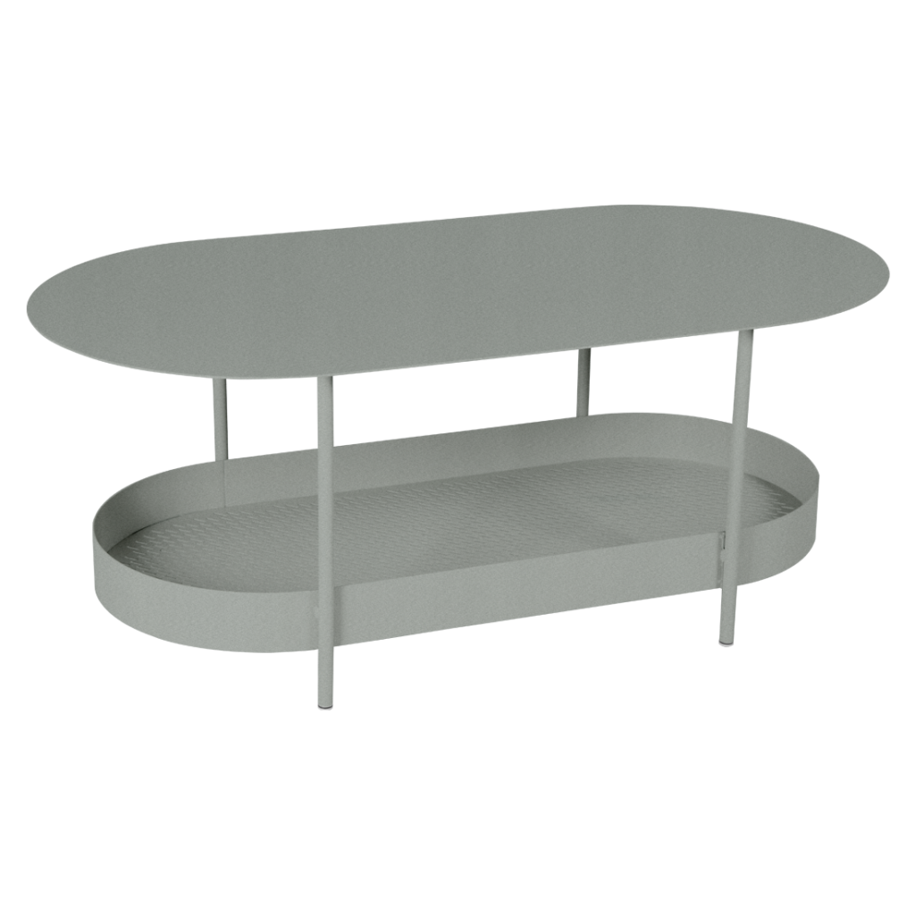 Une table basse gris lapilli avec une étagère.