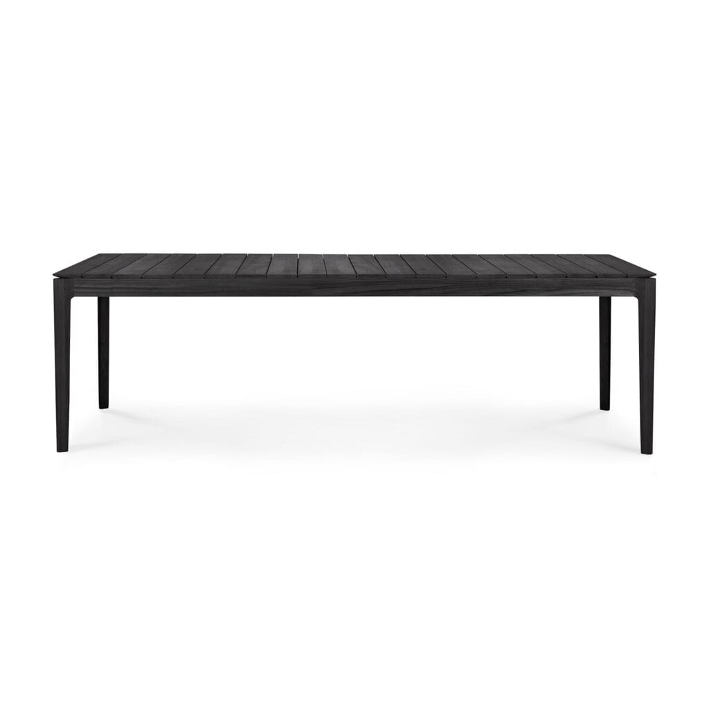 Une table à manger noire sur fond blanc.