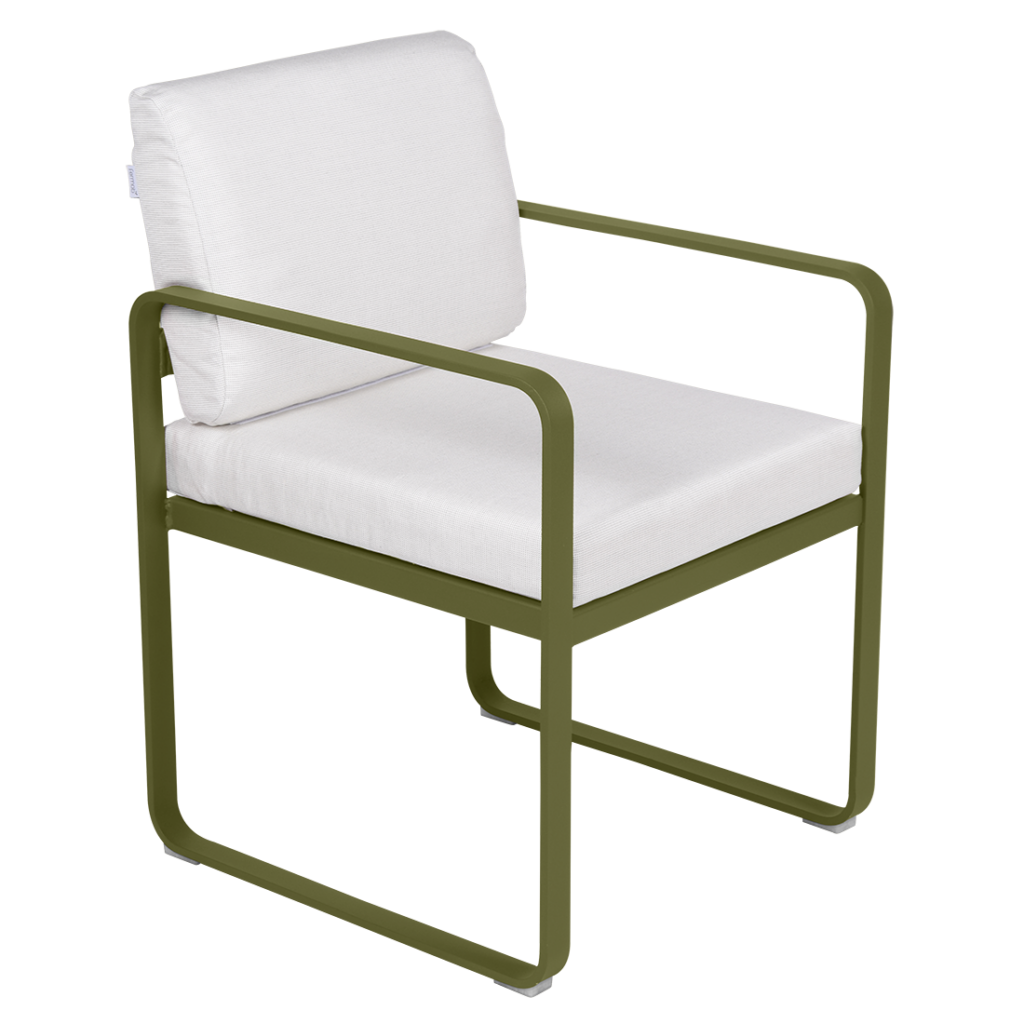 Un Fauteuil de repas Bellevie avec un coussin blanc et une structure verte.