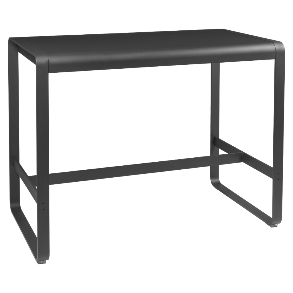 Une table en métal noir sur fond blanc.